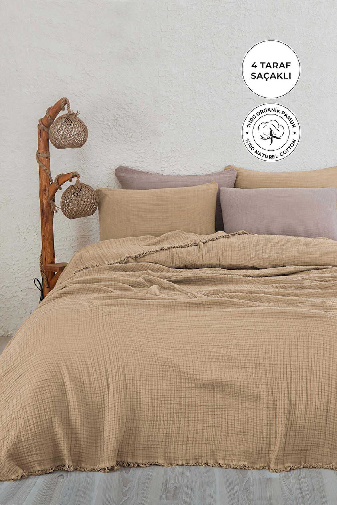 %100 Pamuk Çift Kişilik Müslin Yatak Örtüsü 4 Katlı Yumuşak Battaniye Müslin Pike Takımı 3 Parça