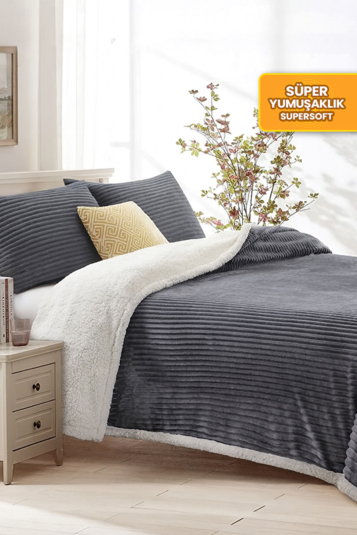Sherpa Battaniye Seti Çift Kişilik 3 Parça Çizgili Yumuşak Peluş Wellsoft Yatak Örtüsü
