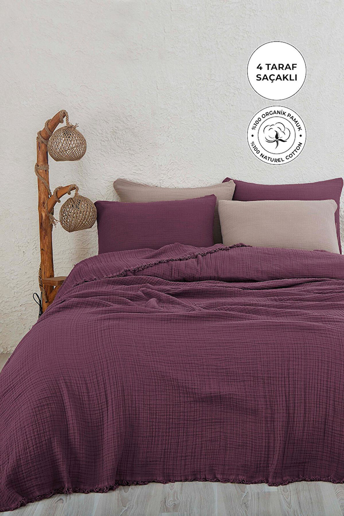 %100 Pamuk Çift Kişilik Müslin Yatak Örtüsü 4 Katlı Yumuşak Battaniye Müslin Pike Takımı 3 Parça