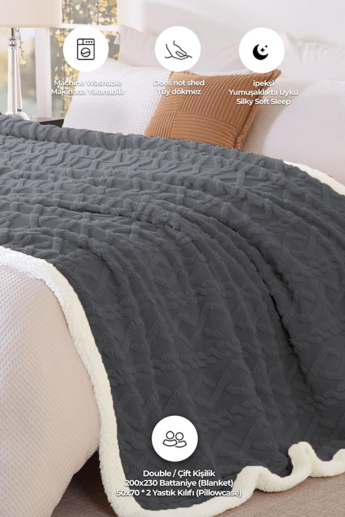 Pufly Jakar Sherpa Battaniye Seti Çift Kişilik 3 Parça Yumuşak Peluş Wellsoft Yatak Örtüsü