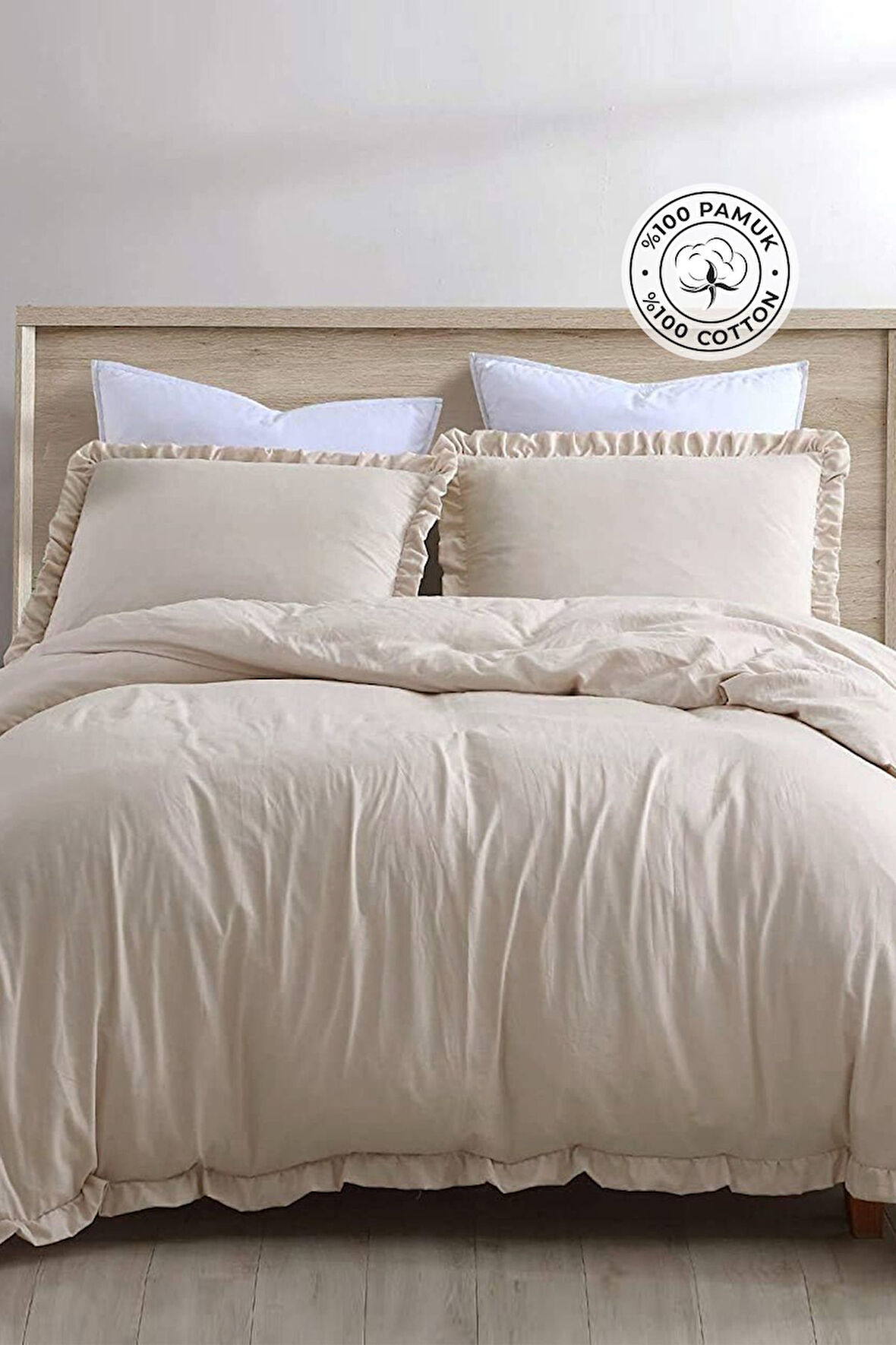 Pamuklu Taş Yıkama Fırfırlı Nevresim Takımı Çift Kişilik 4 Parça Barella Yumuşak Cappuccino