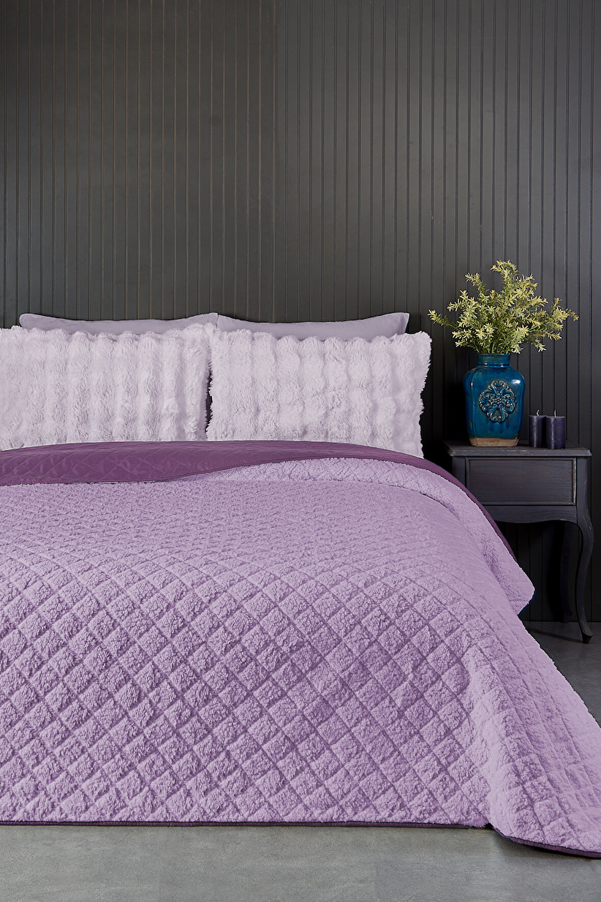 Premium Peluş Tek Kişilik Çok Amaçlı Yatak Örtüsü 160x220 Çift Taraflı Yumuşak Battaniye Pike Lila Mor