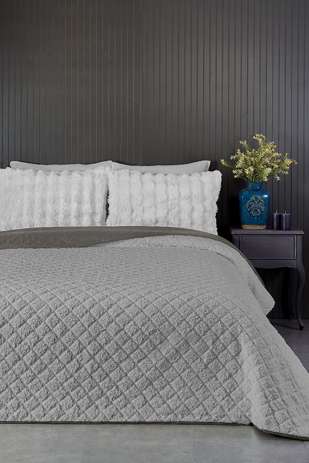 Premium Peluş Tek Kişilik Çok Amaçlı Yatak Örtüsü 160x220 Çift Taraflı Yumuşak Battaniye Pike Gri Vizon