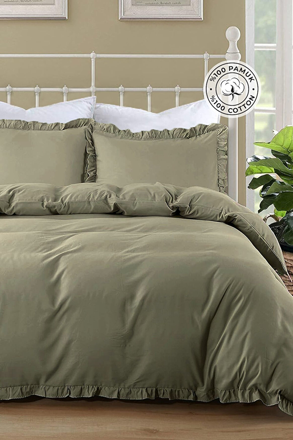 Pamuklu Taş Yıkama Fırfırlı Nevresim Takımı Çift Kişilik 4 Parça Barella Yumuşak Cappuccino