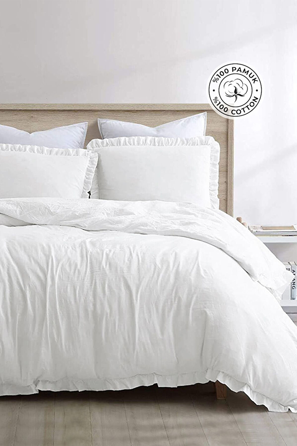 Pamuklu Taş Yıkama Fırfırlı Nevresim Takımı Çift Kişilik 4 Parça Barella Yumuşak Cappuccino