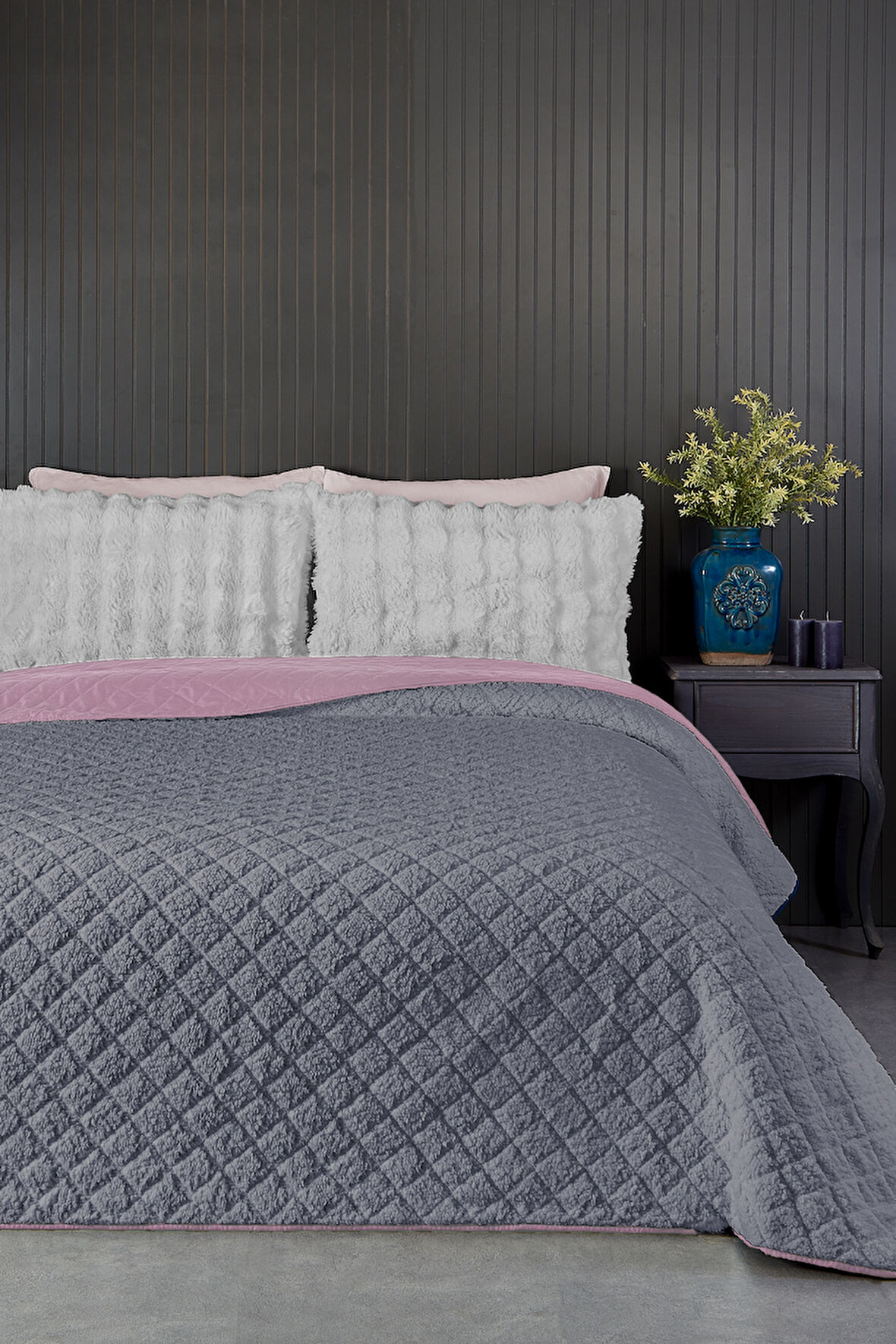 Premium Peluş Tek Kişilik Çok Amaçlı Yatak Örtüsü 160x220 Çift Taraflı Yumuşak Battaniye Pike Antrasit Pudra
