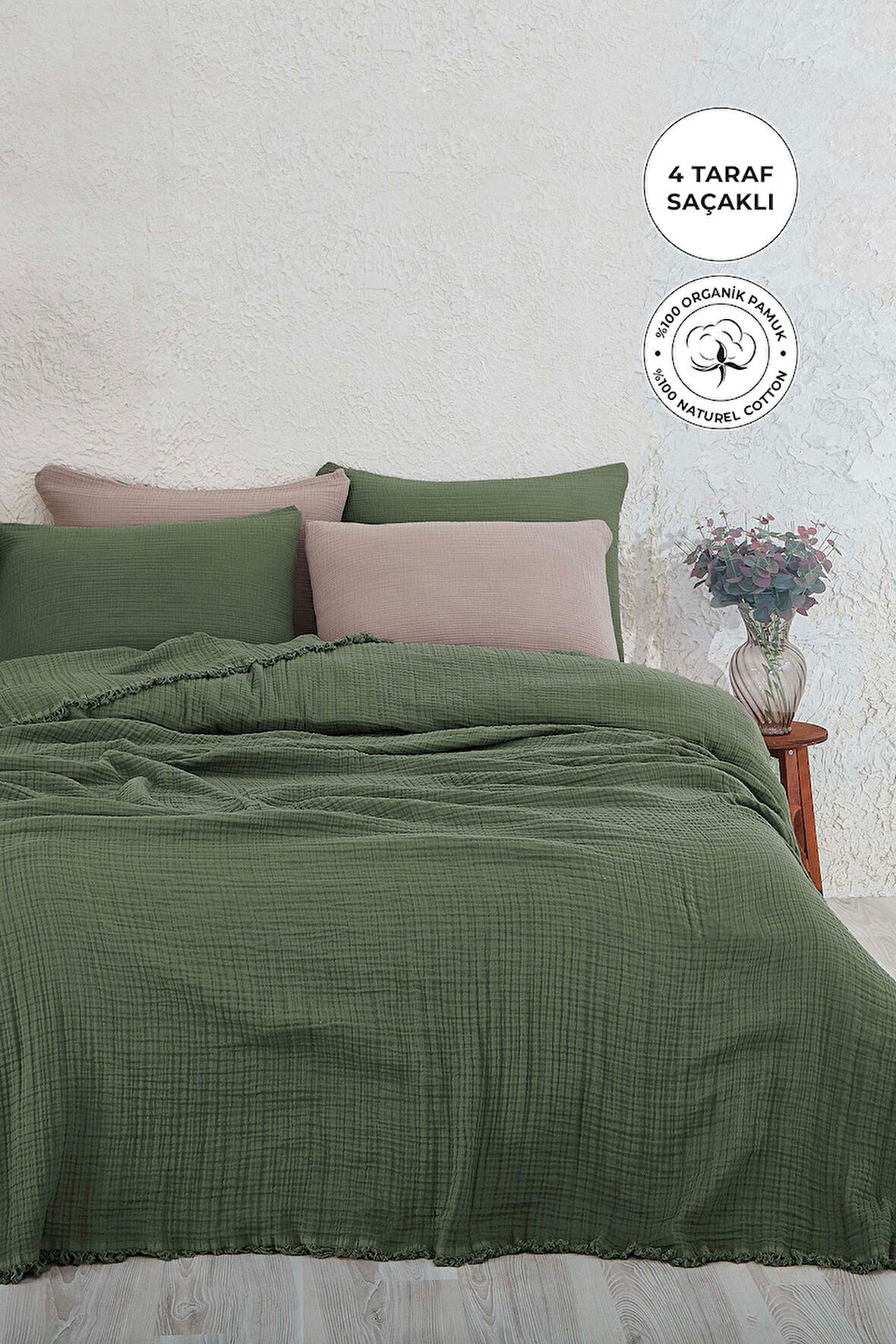 %100 Pamuk Çift Kişilik Müslin Yatak Örtüsü 4 Katlı Yumuşak Battaniye Müslin Pike Takımı 3 Parça