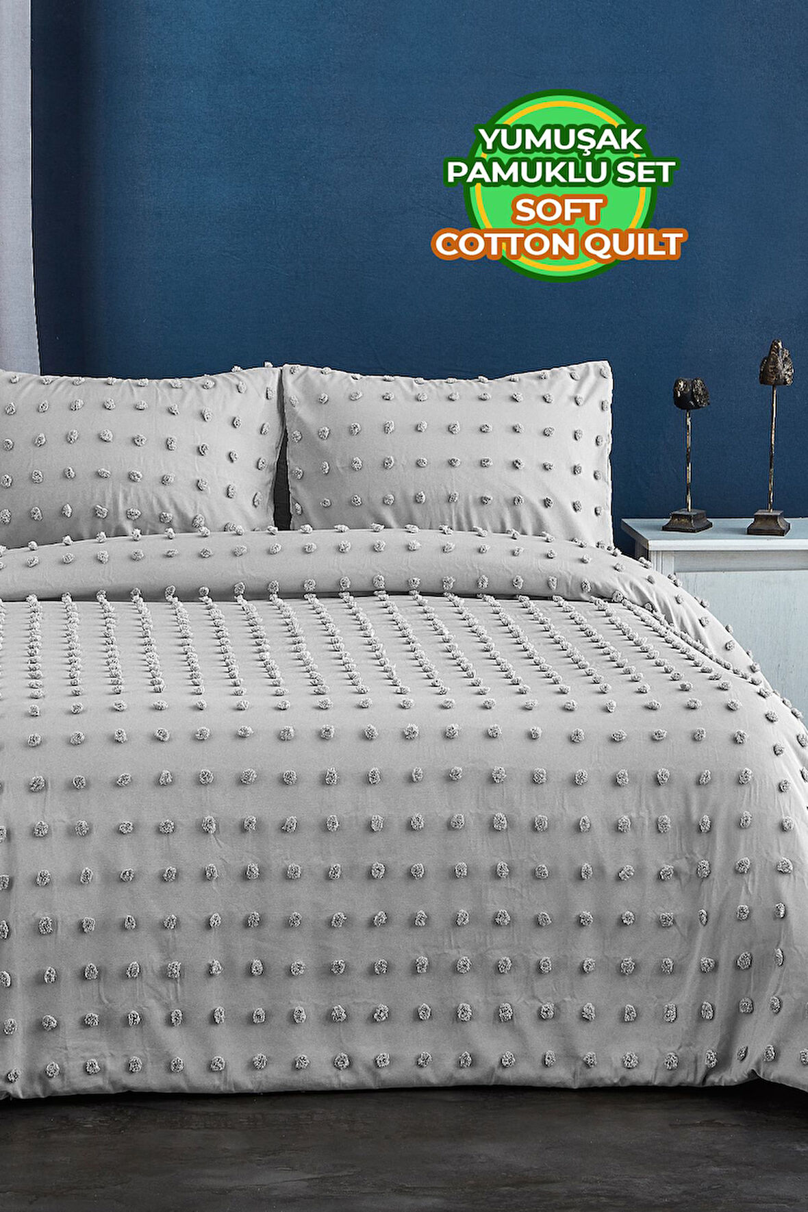 Pamuklu Yatak Örtüsü Seti Günlük Çift Kişilik Emmy Boho 3 Parça Dolgulu Tufting