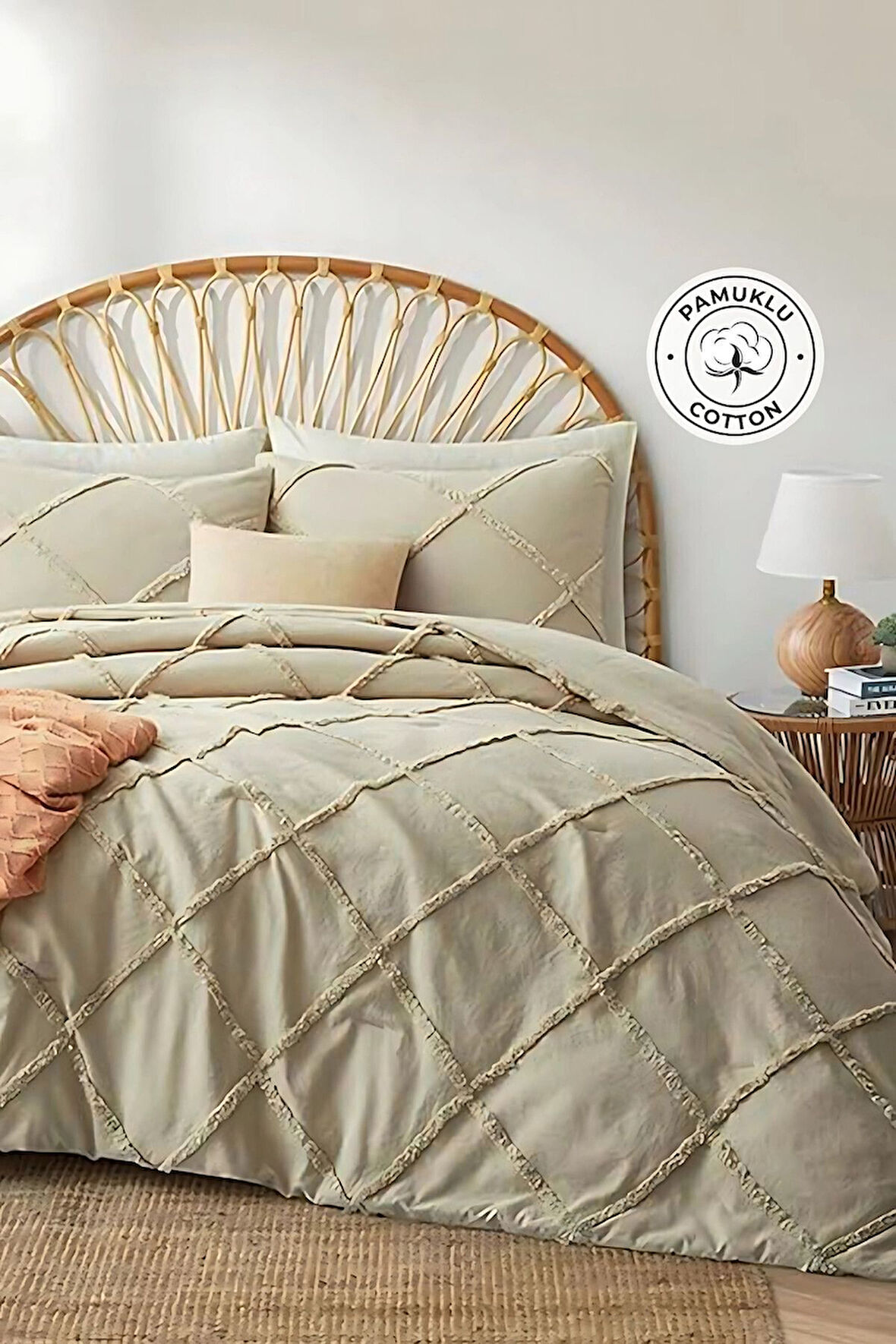 Pamuklu Yatak Örtüsü Seti Günlük Çift Kişilik Emmy Boho 3 Parça Dolgulu Tufting