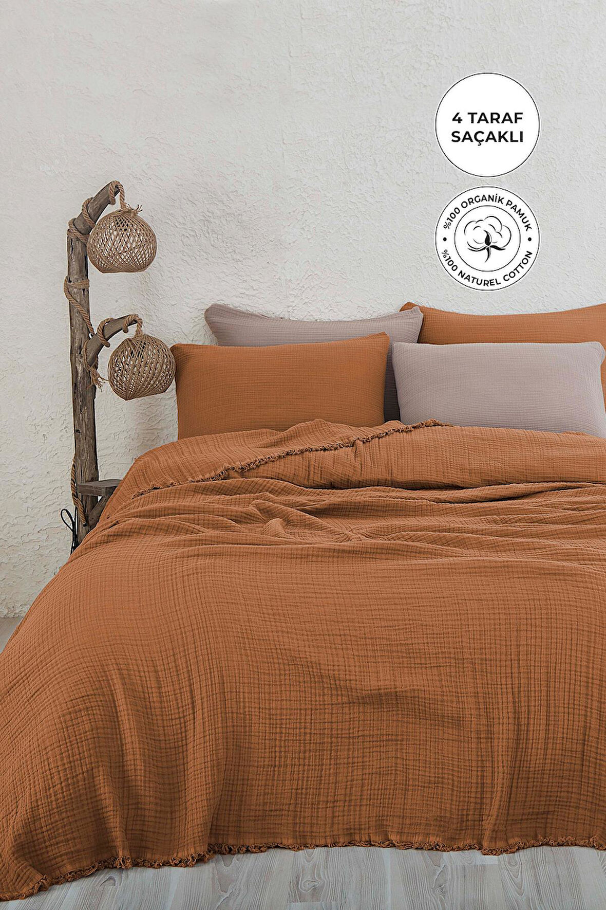%100 Pamuk Çift Kişilik Müslin Yatak Örtüsü 4 Katlı Yumuşak Battaniye Müslin Pike Takımı 3 Parça