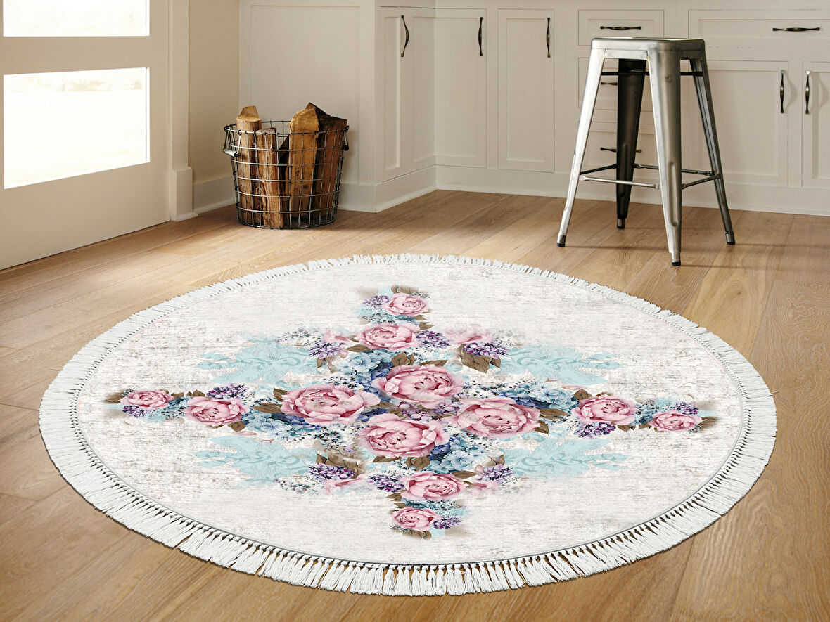 Dekoreko İpek Halı Dijital Saçaklı Yuvarlak 1821 Desen 1