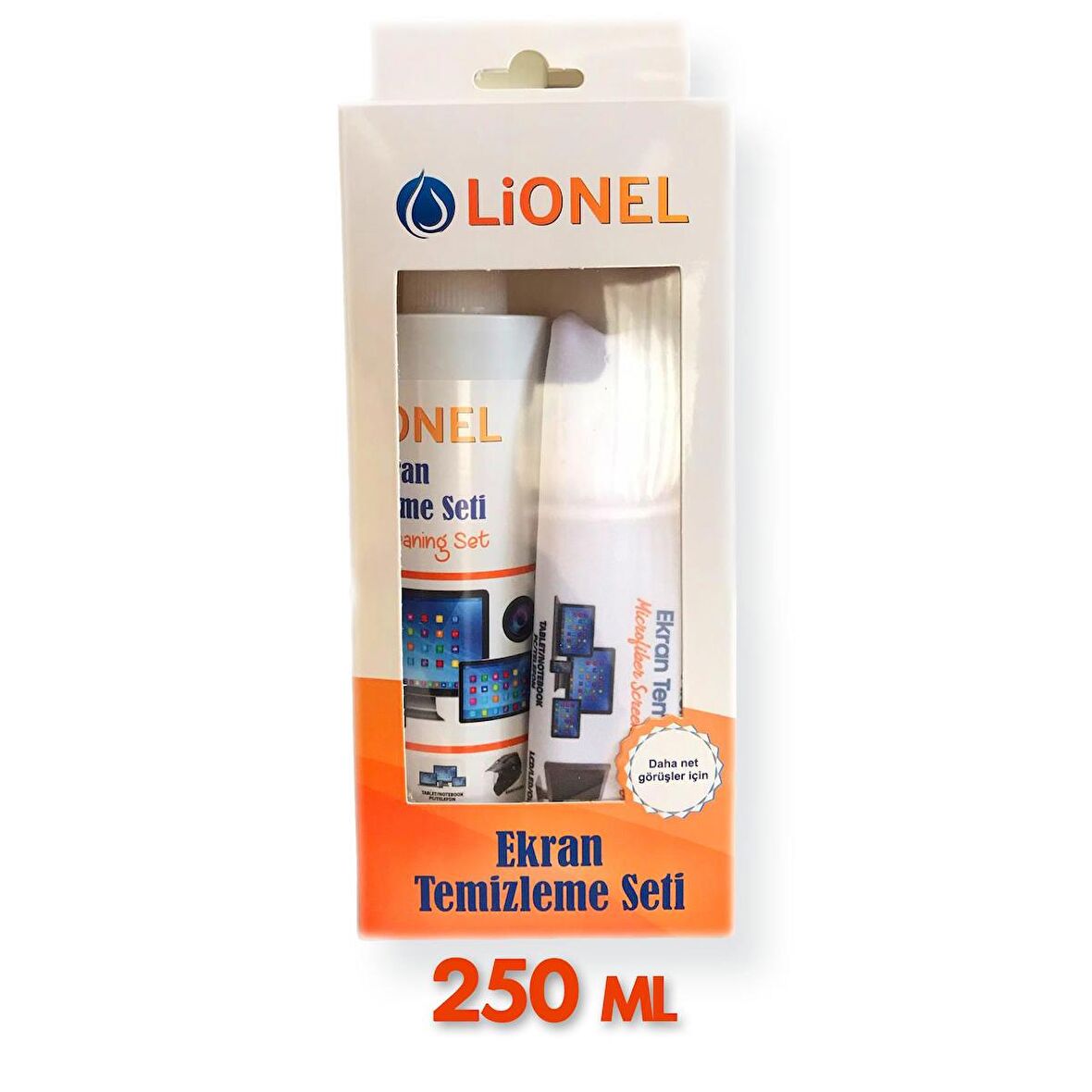 Lionel Ekran Temizleme Seti 250 ML Temizleme Spreyi + 30x30 cm Mikrofiber Temizleme Bezi