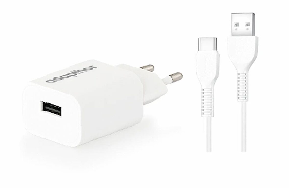 Adapthor 10W 5V 2.1A Tek Usb + Usb To Type C  2.4A Kablolu Set  Beyaz 