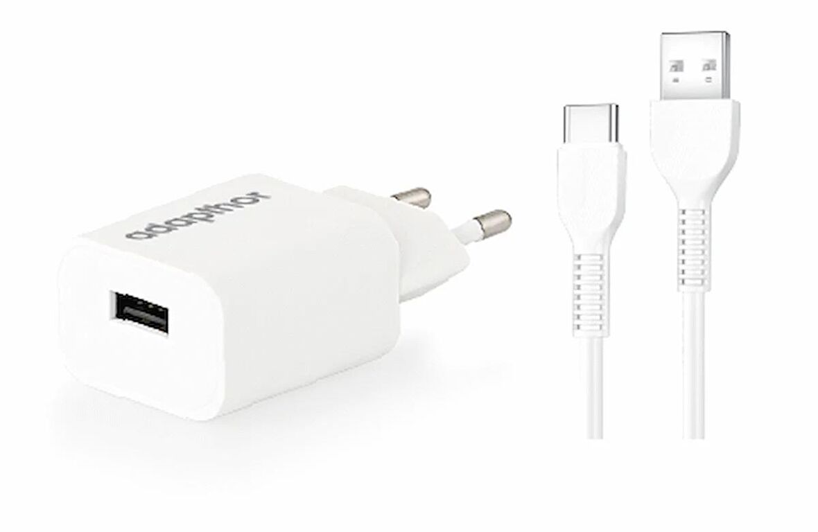 Adapthor 12W 5V 2.4A Usb 3.0 + Usb To Type C  3A Kablolu Set Beyaz 