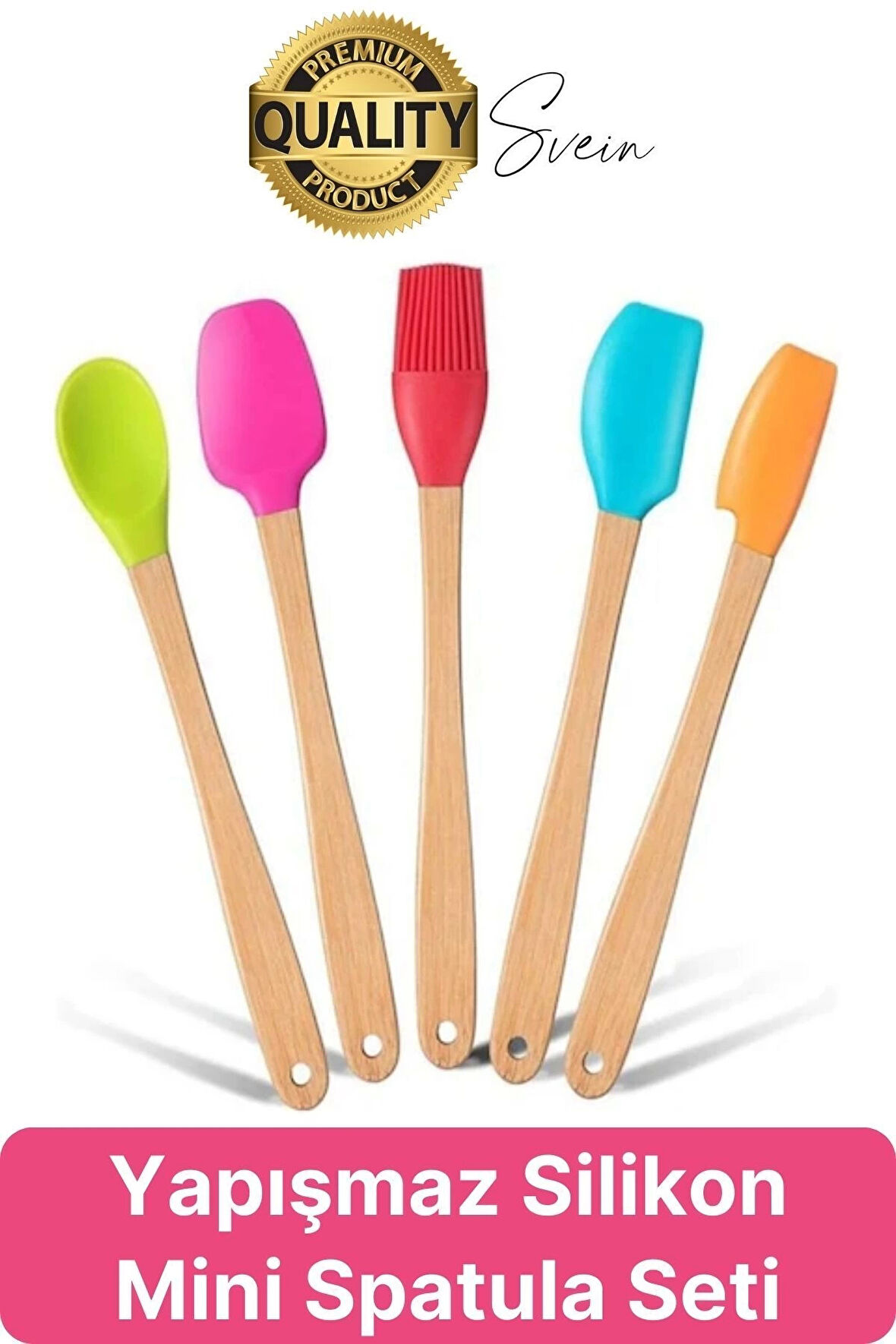 Mini Spatula Kaşık Fırça Setleri Yapışmaz Silikon Tencere Ahşap Saplı Renkli Pişirme Mutfak Araçları