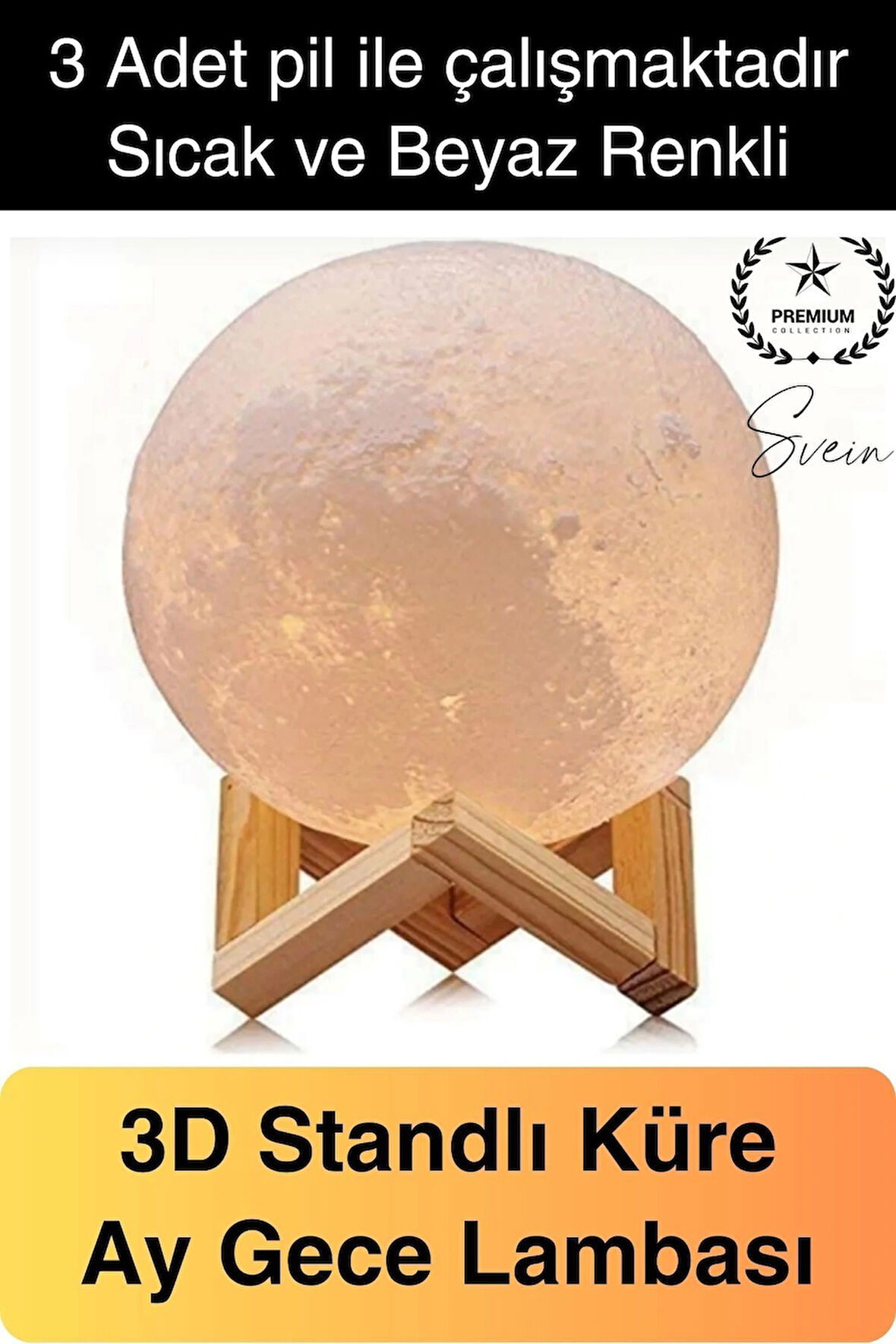 Dolunay 3D Ay Işıklı Standlı Pilli Dekoratif Gece Lambası Hediyelik Küre Led 15 Cm Loş Dekor