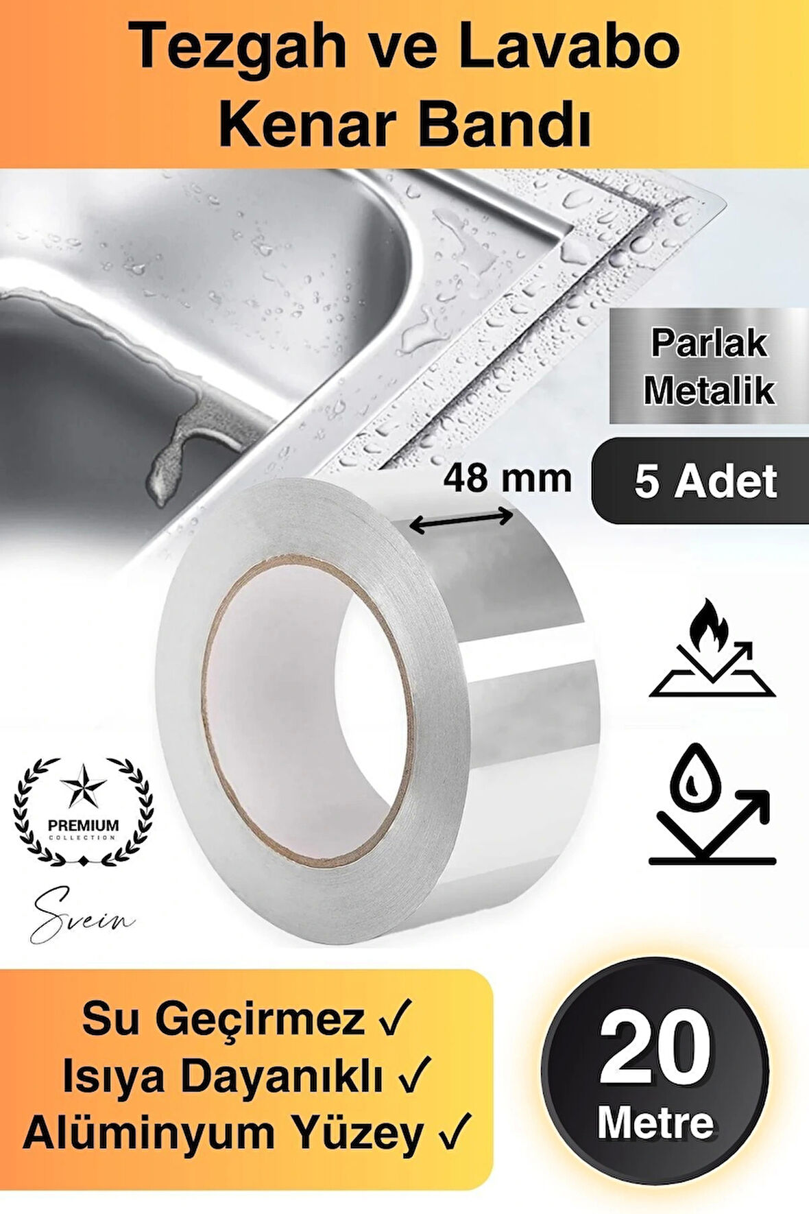 20 Mt Parlak Metalik Gri Tezgah Lavabo Kenar Bandı Sızdırmaz Isıya Dayanıklı Bant Su İzolasyon 5 Ad.