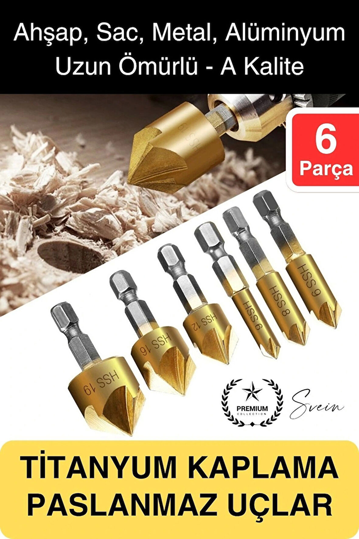 Premium Titanyum Kaplama 6'lı Kırılmaz Uçlu Paslanmaz Ahşap Sac Metal Havşa Açma Matkap Uç Seti