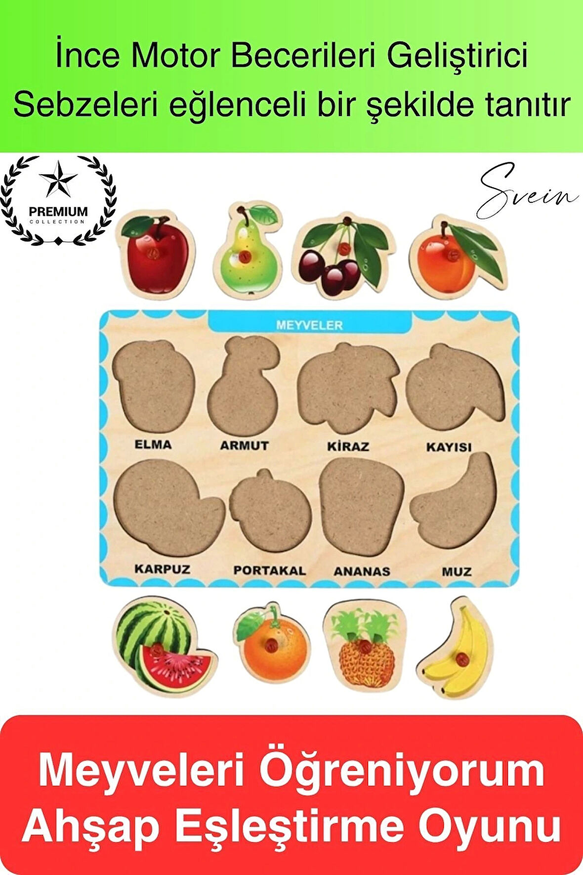 Premium Meyveler Ahşap Bul Tak Puzzle Eğitici Oyuncak Tutmalı Elma Armut Motor Becerisi Gelişim