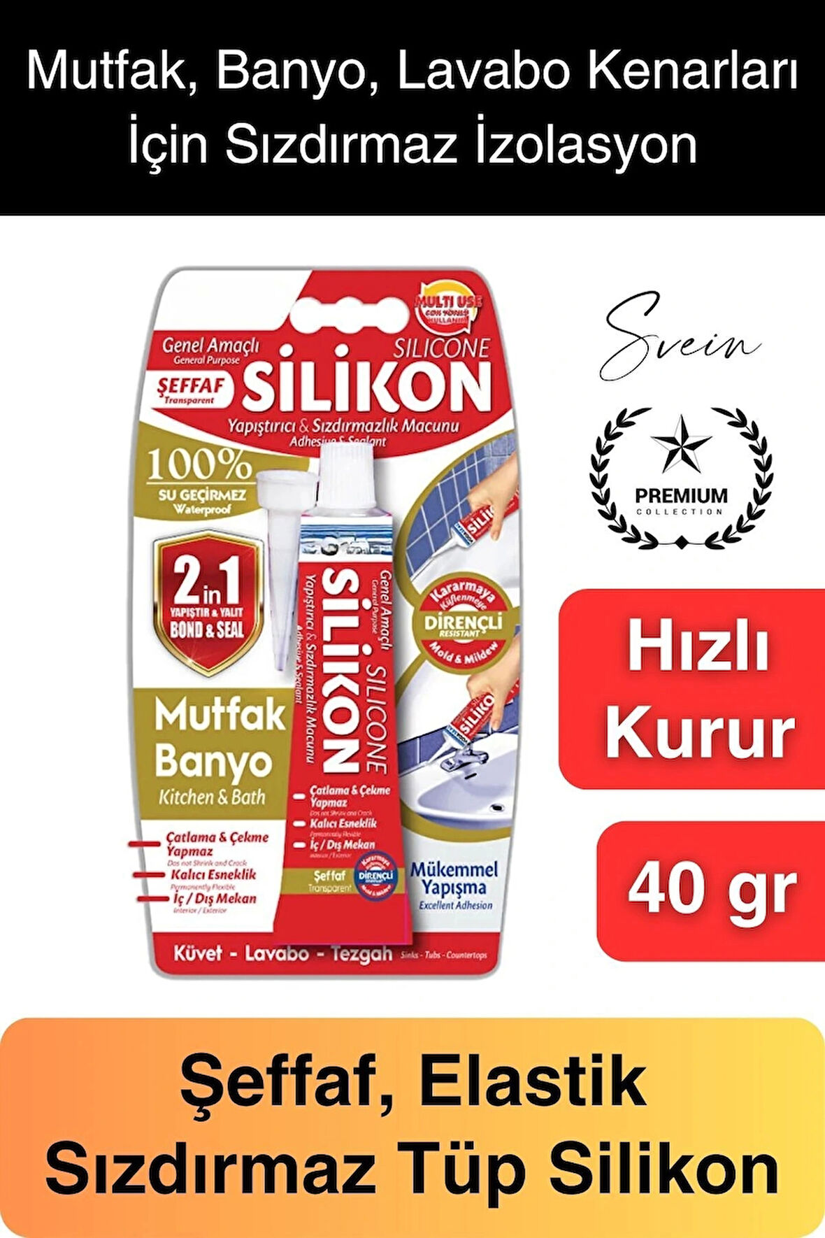 Premium 40 gr Üniversal Sızdırmaz Şeffaf Tüp Silikon Mutfak Banyo Küvet Kenarı Elastik İzolasyon