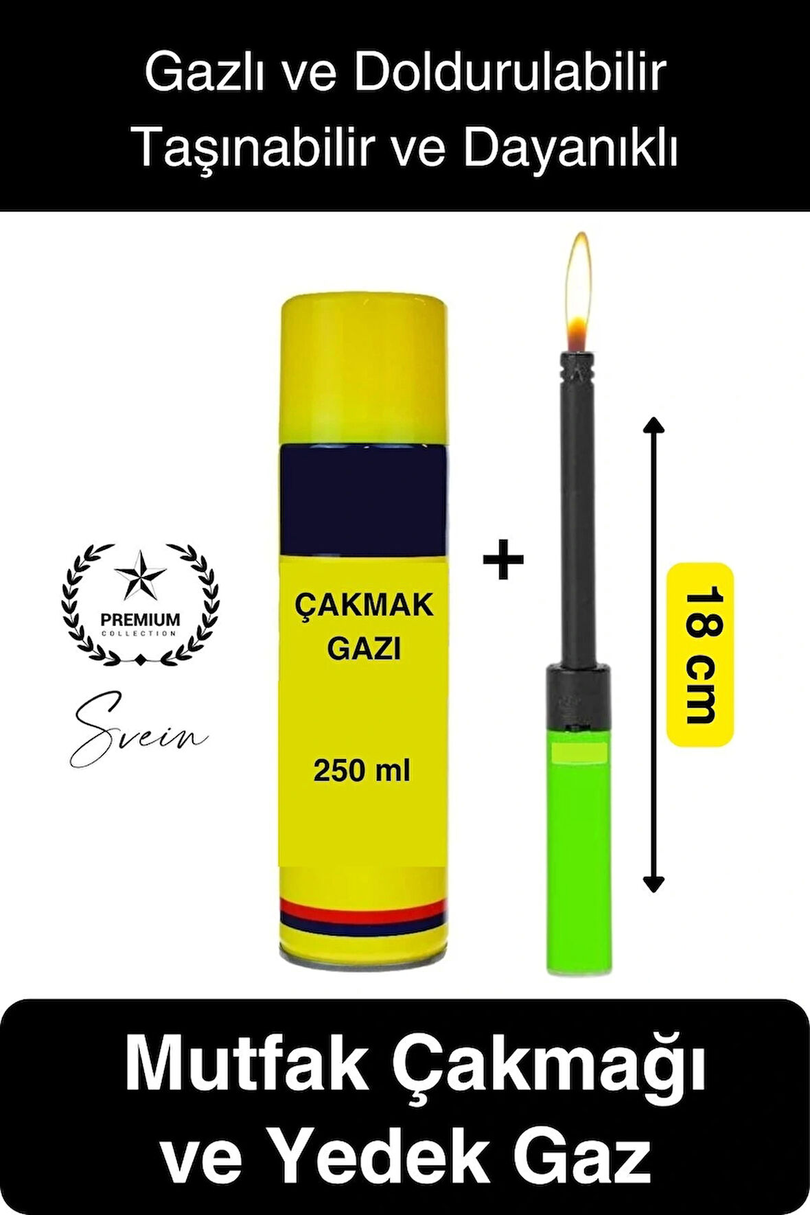 Premium 18 cm Basmalı Uzun Mutfak Çakmağı ve Yedek Gazlı 250 ml Mum Mangal Kamp İçin Normal Alev