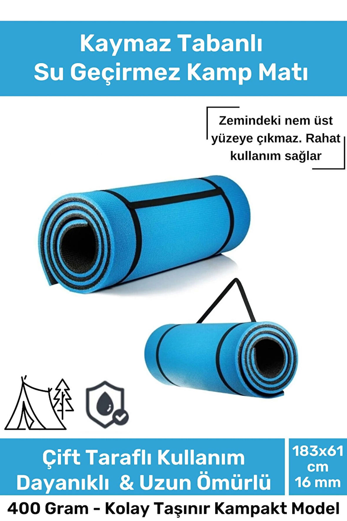 Premium Su Geçirmez Konforlu Taşıma Askılı Çift Taraflı Zemin Çadır Uyku Kamp Matı Yer Minderi 16mm