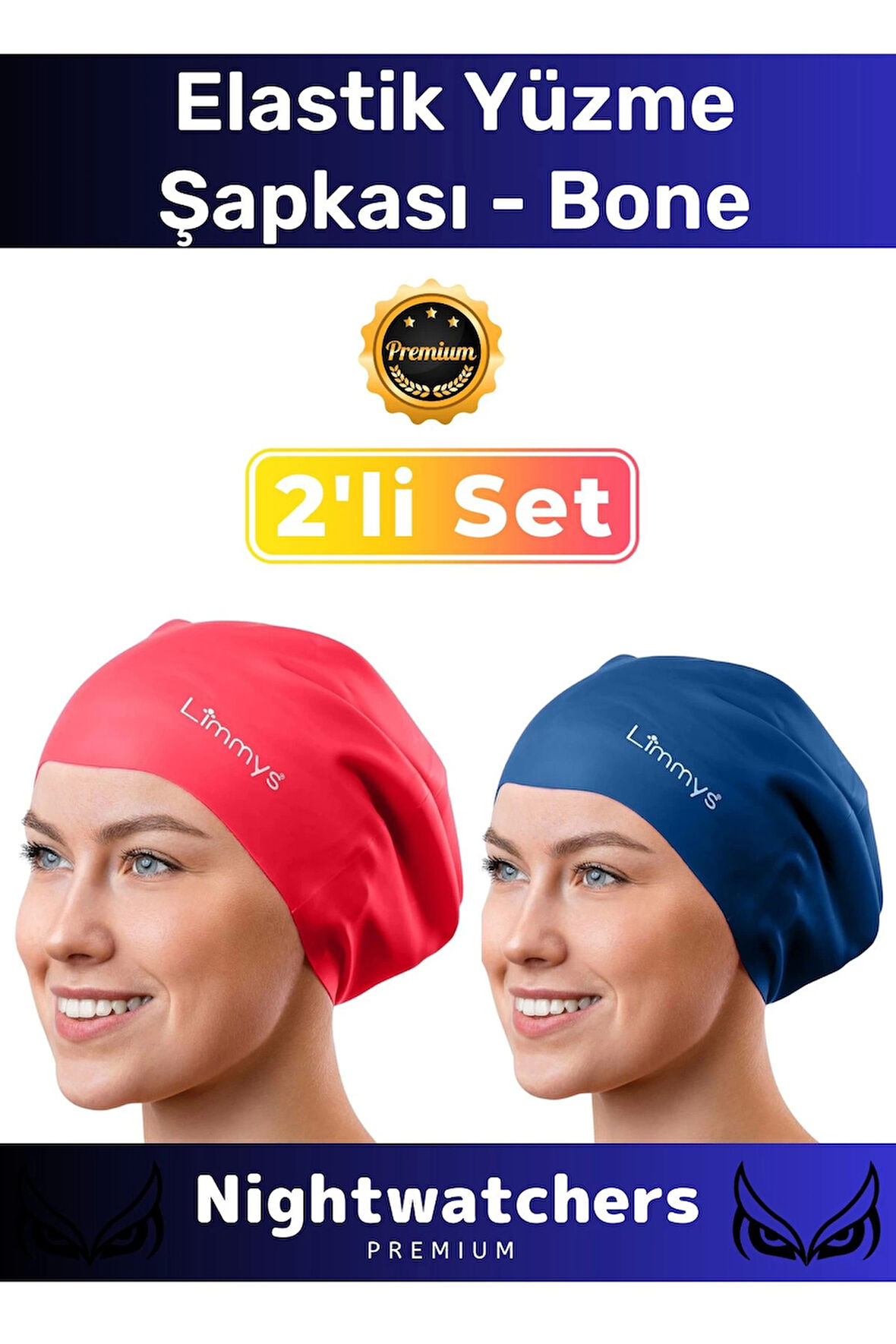 Deluxe Su Geçirmez Sızdırmaz Renkli Silikon Yüzücü Havuz Deniz Bone Elastik Yüzme Şapkası 2'li Set