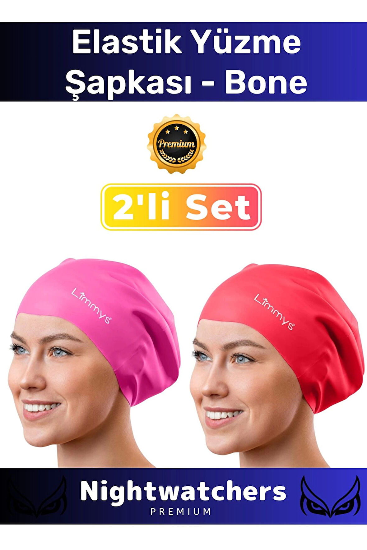 Deluxe Su Geçirmez Sızdırmaz Renkli Silikon Yüzücü Havuz Deniz Bone Elastik Yüzme Şapkası 2'li Set