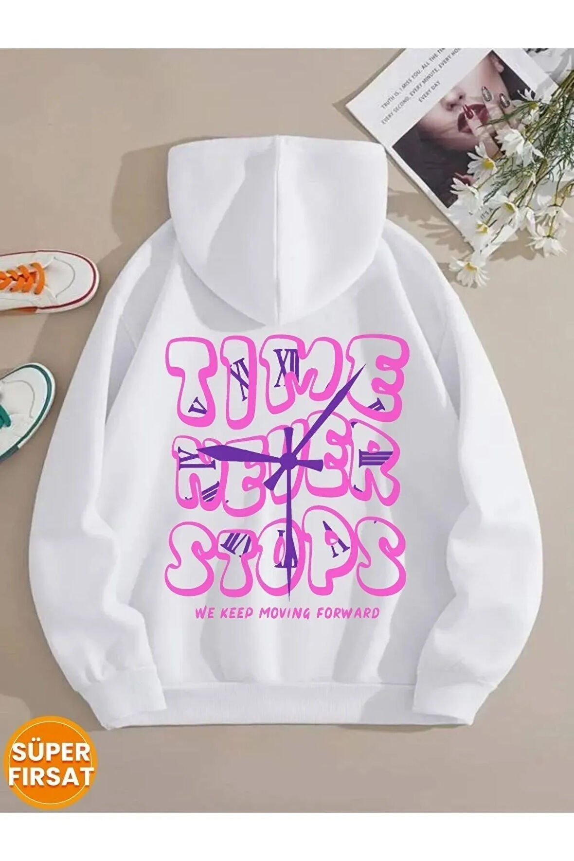 Beyaz Time Never Baskılı Oversize Kapüşonlu Sweatshirt