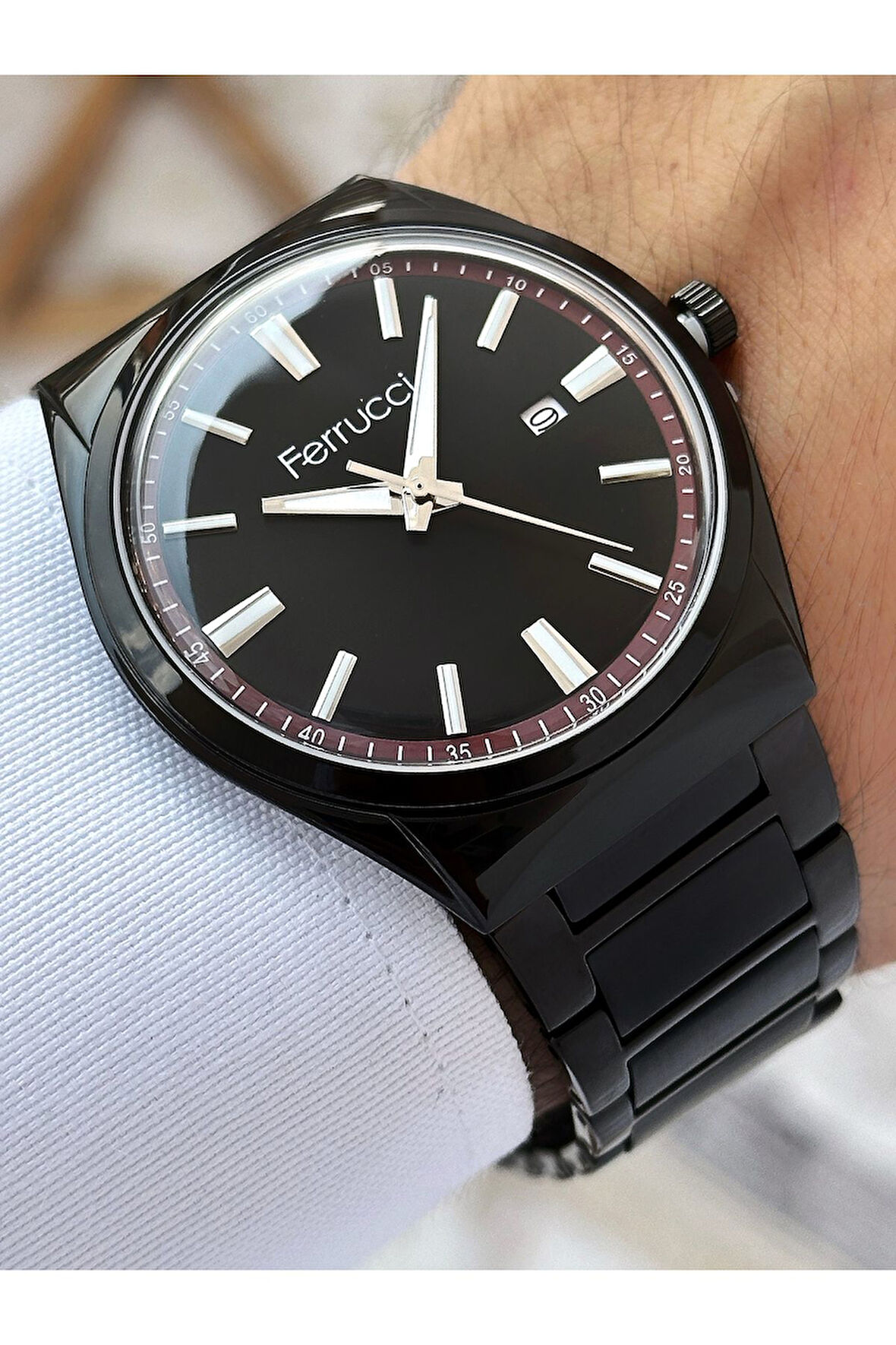 Özel Tasarım Takvimli Siyah Renk Su Geçirmez Çelik Kordon Erkek Kol Saati