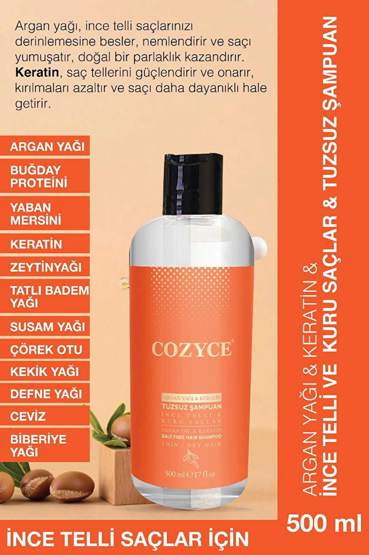 Cozyce Argan Yağı & Keratin & Ince Telli Ve Kuru Saçlar & Tuzsuz Şampuan 500 ml &