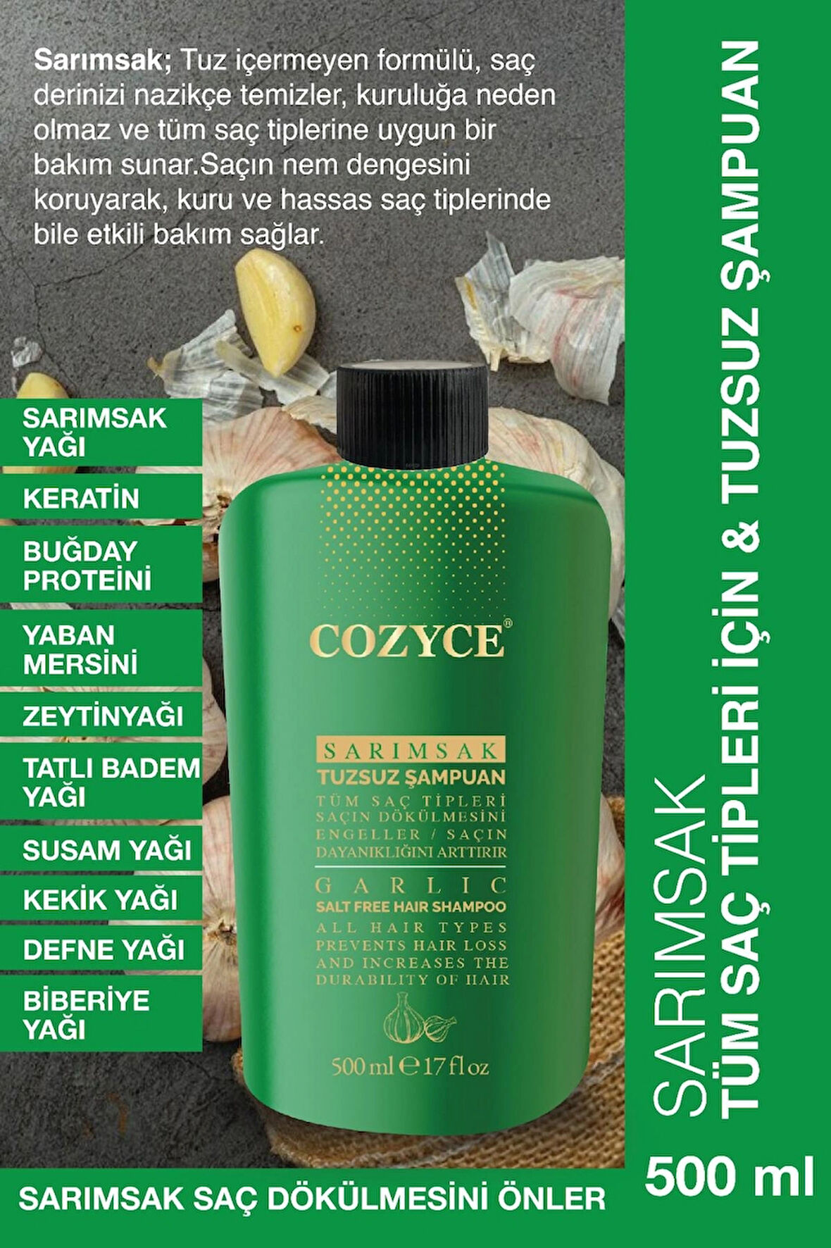 COZYCE SARIMSAKLI TUZSUZ ŞAMPUAN 500ML TÜM SAÇ TİPLERİ
