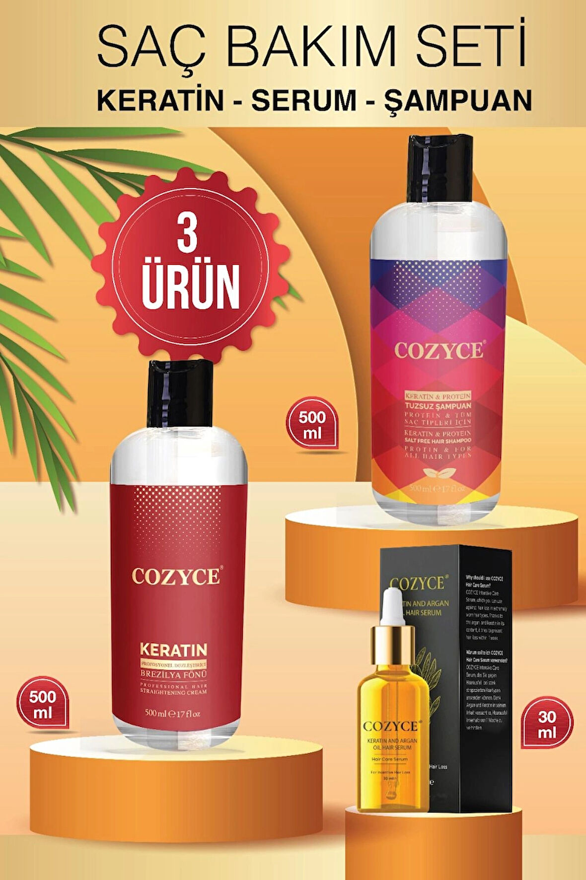 Cozyce Brezilya Fönü Keratin 500ml Argan Saç Serumu30ml Protein & Keratin Tuzsuz Şampuan 500 ml
