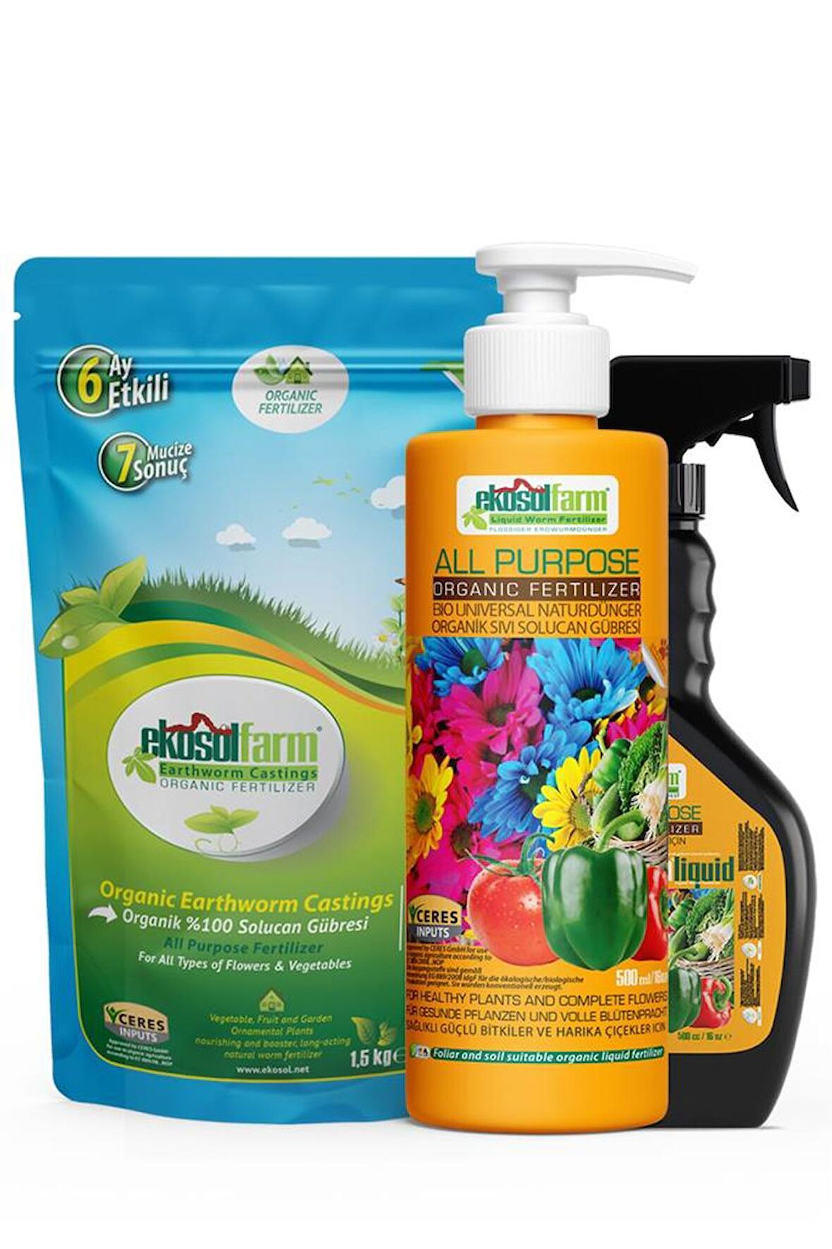 EKOSOLFARM SIVI GÜBRE SETİ 3 ÜRÜN 1 ARADA 500 ML + SPRAYER + 1,5 KG