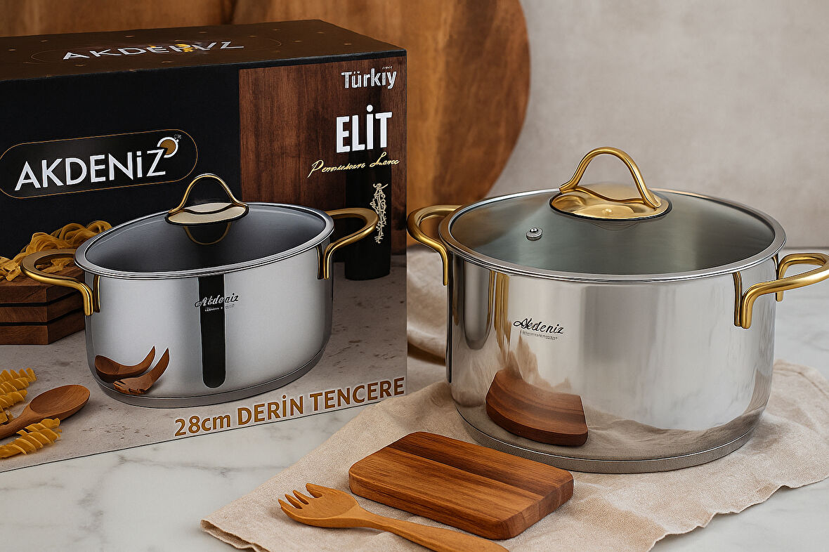 Elit Serisi 28 cm Gold Kulplu Paslanmaz Çelik Tencere – Cam Kapaklı, Şık 18/10