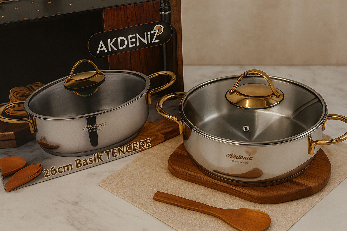 Elit Serisi 26 cm 4 LT Gold Kulplu Paslanmaz Basık Çelik Tencere – Cam Kapaklı, Şık 18/10