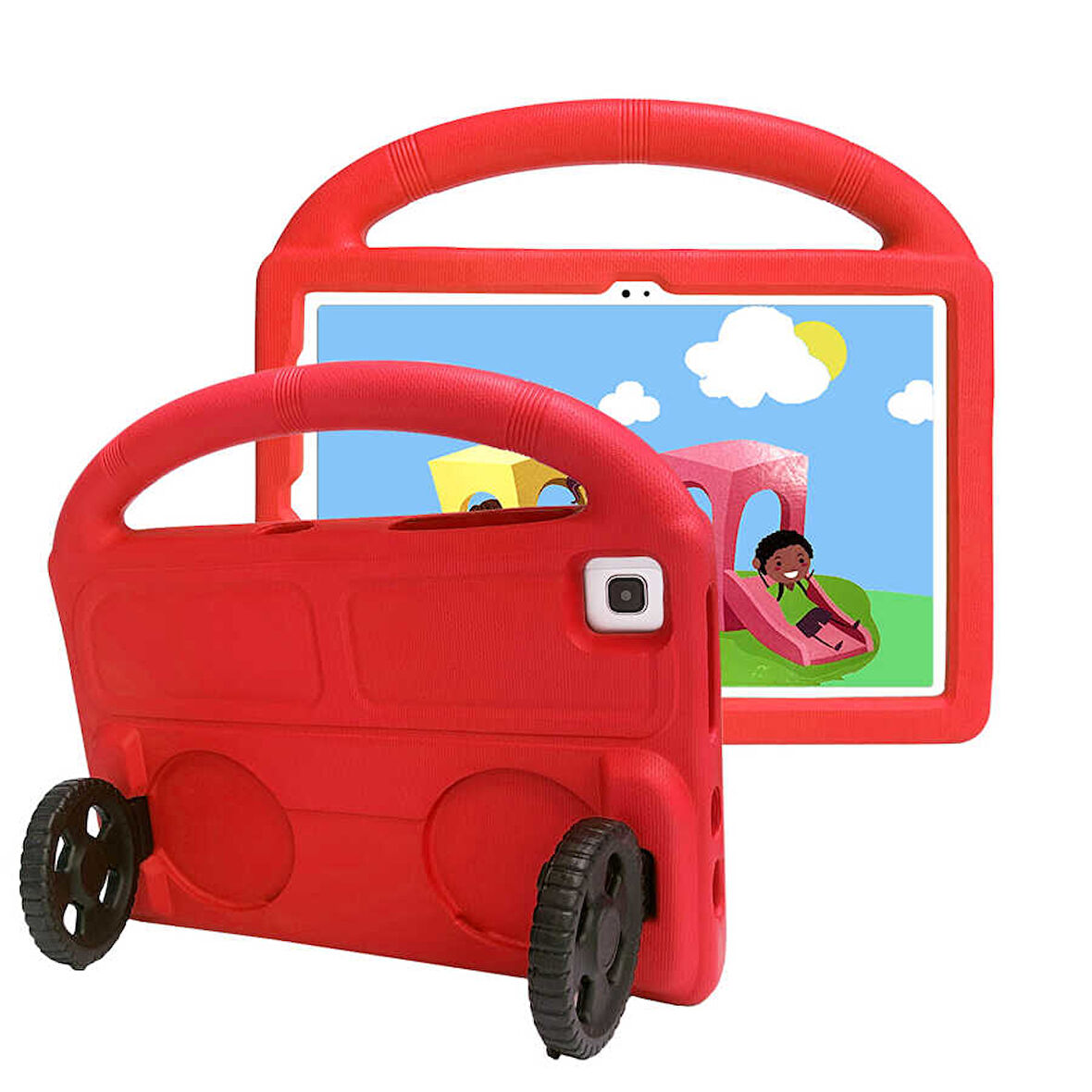 Galaxy Tab A7 10.4 T500 2020  Uyumlu ​İNC Wheel Car Tekerlek Standlı Tablet Eva Silikon Kılıf-Kırmızı
