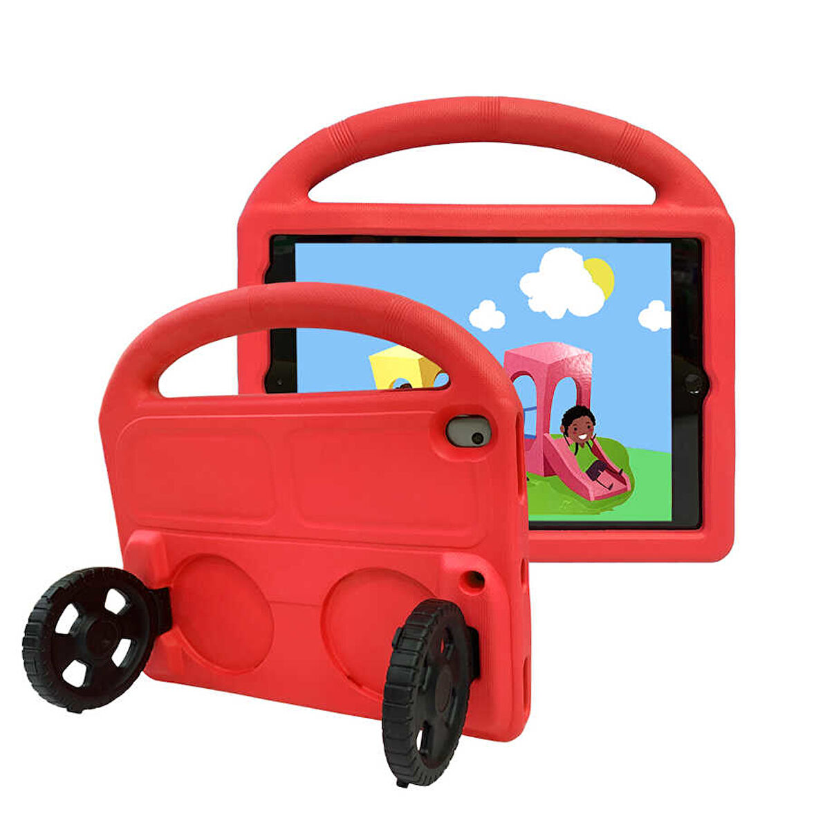 iPad 10.2 (8.Nesil)  Uyumlu ​MKST Wheel Car Tekerlek Standlı Tablet Eva Silikon Kılıf-Kırmızı