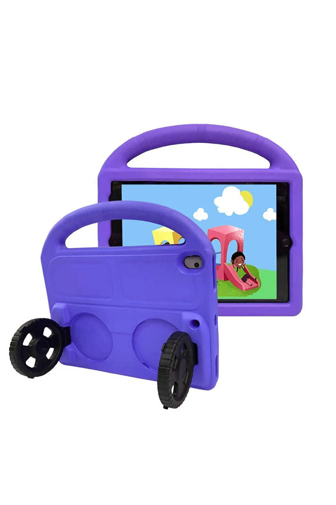 İpad 10.2 (8.NESİL) Uyumlu Wheel Car Tekerlek Standlı Tablet Eva Silikon Kılıf-mavi
