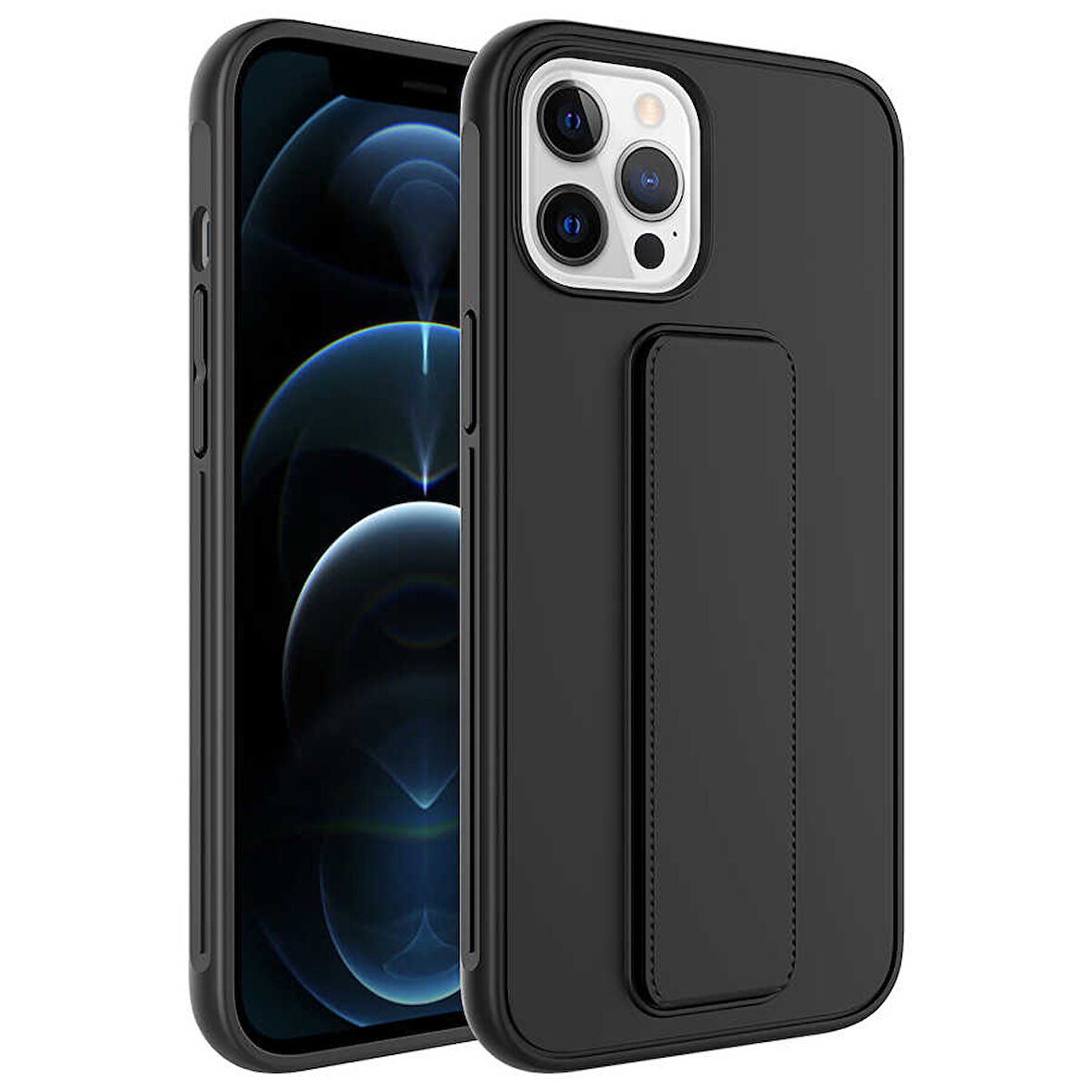 Apple iPhone 12 Pro Max Kılıf Zore Qstand Kapak-Siyah
