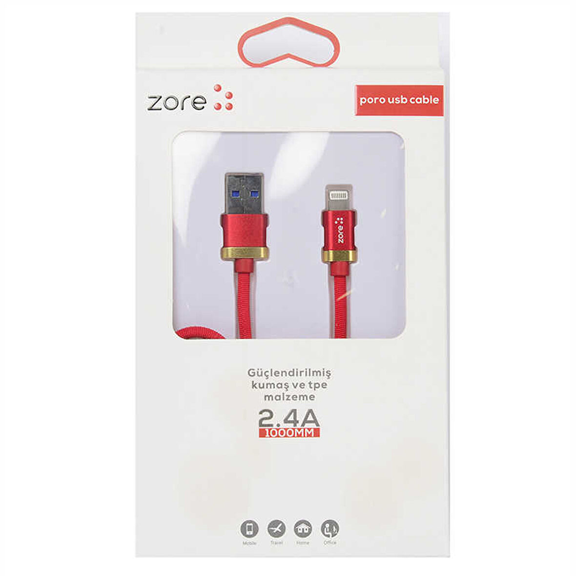 Kırmızı Poro Lightning Usb Kablo 1M-Zore