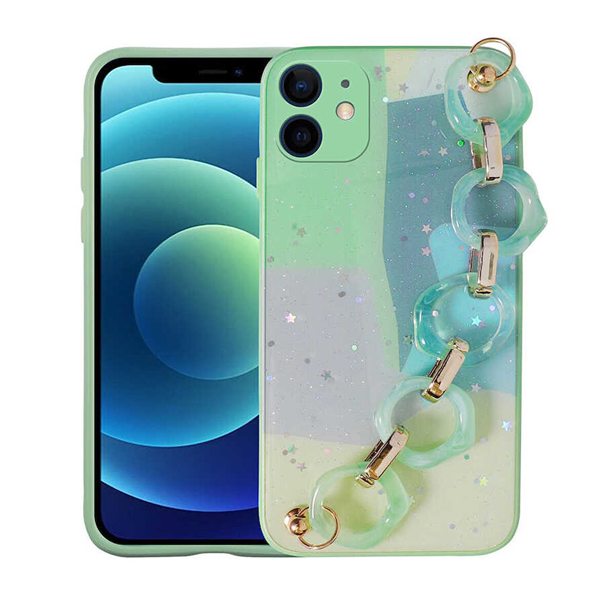 iPhone 11 Uyumlu Simli Desenli El Askılı Tutacaklı Zore Elsa Silikon Kılıf-Yeşil