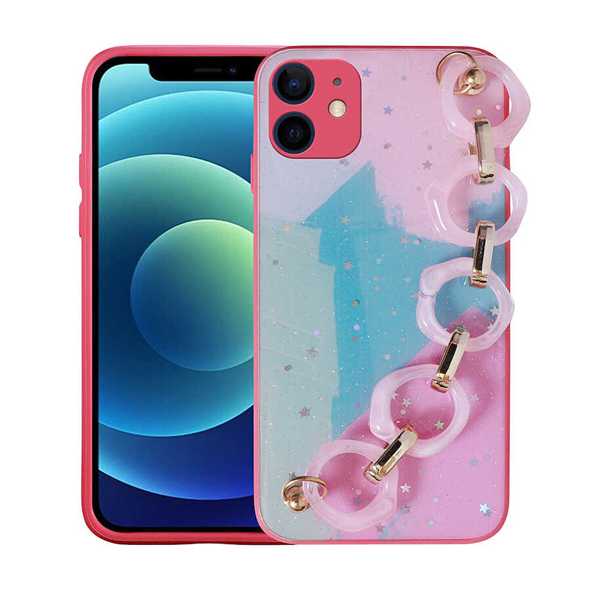 iPhone 11 Uyumlu Simli Desenli El Askılı Tutacaklı Zore Elsa Silikon Kılıf-Pembe Koyu