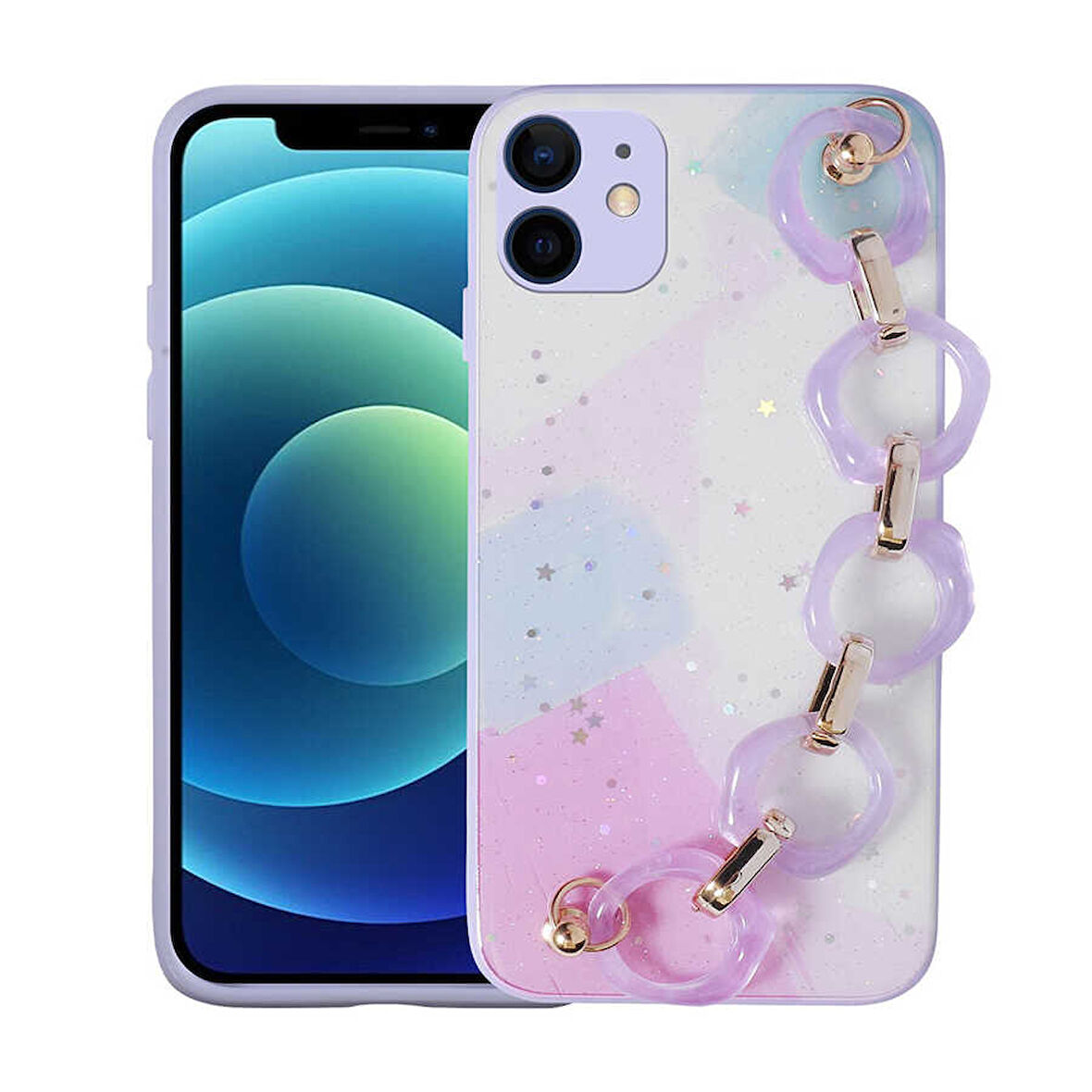 iPhone 11 Uyumlu Simli Desenli El Askılı Tutacaklı Zore Elsa Silikon Kılıf-Lila
