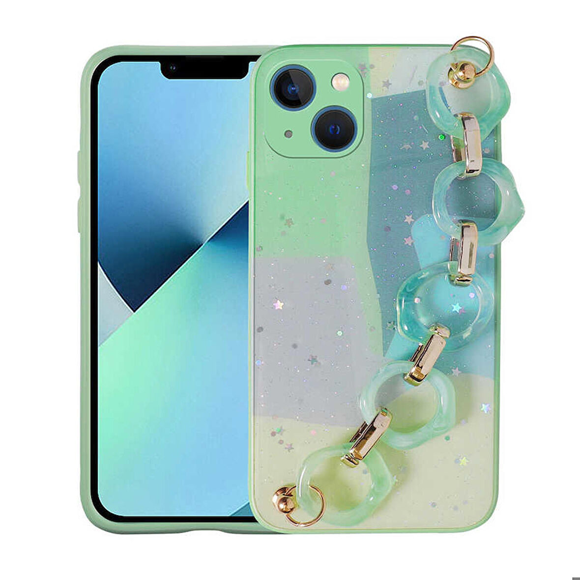 iPhone 13 Uyumlu Simli Desenli El Askılı Tutacaklı Zore Elsa Silikon Kapak-Yeşil