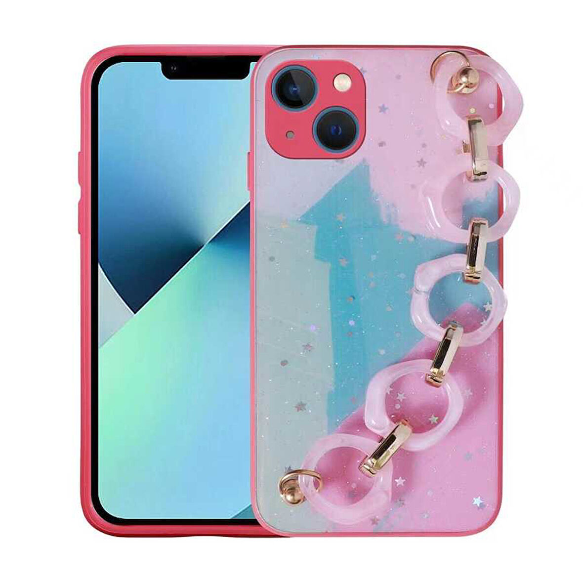 iPhone 13 Uyumlu Simli Desenli El Askılı Tutacaklı Zore Elsa Silikon Kılıf-Pembe Koyu