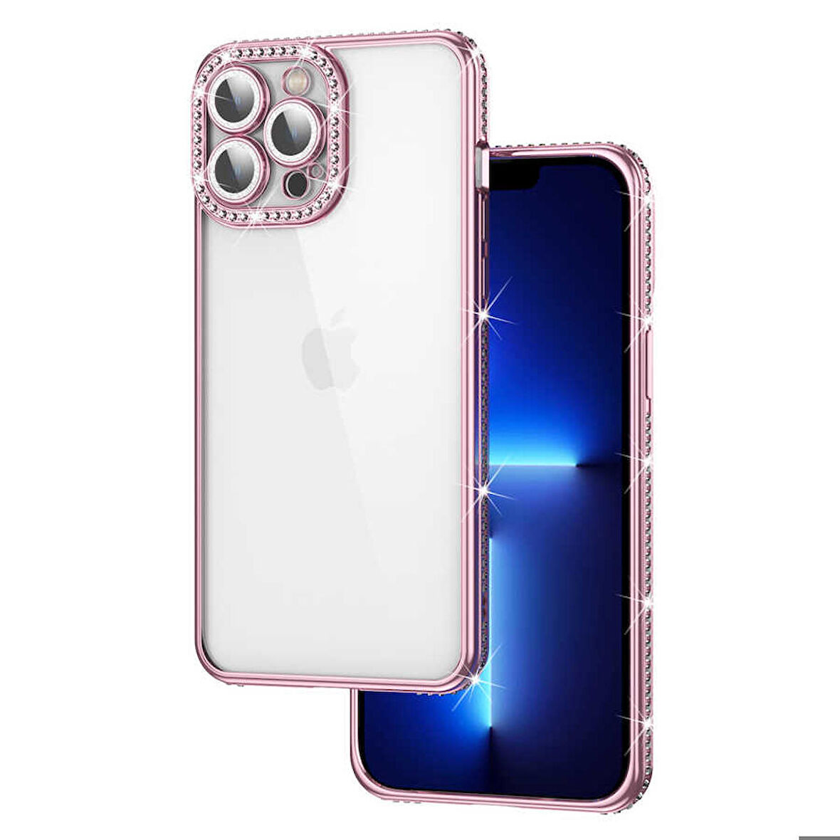 iPhone 12 Pro Uyumlu Kamera Korumalı Taşlı Zore Mina Kapak-Rose Gold