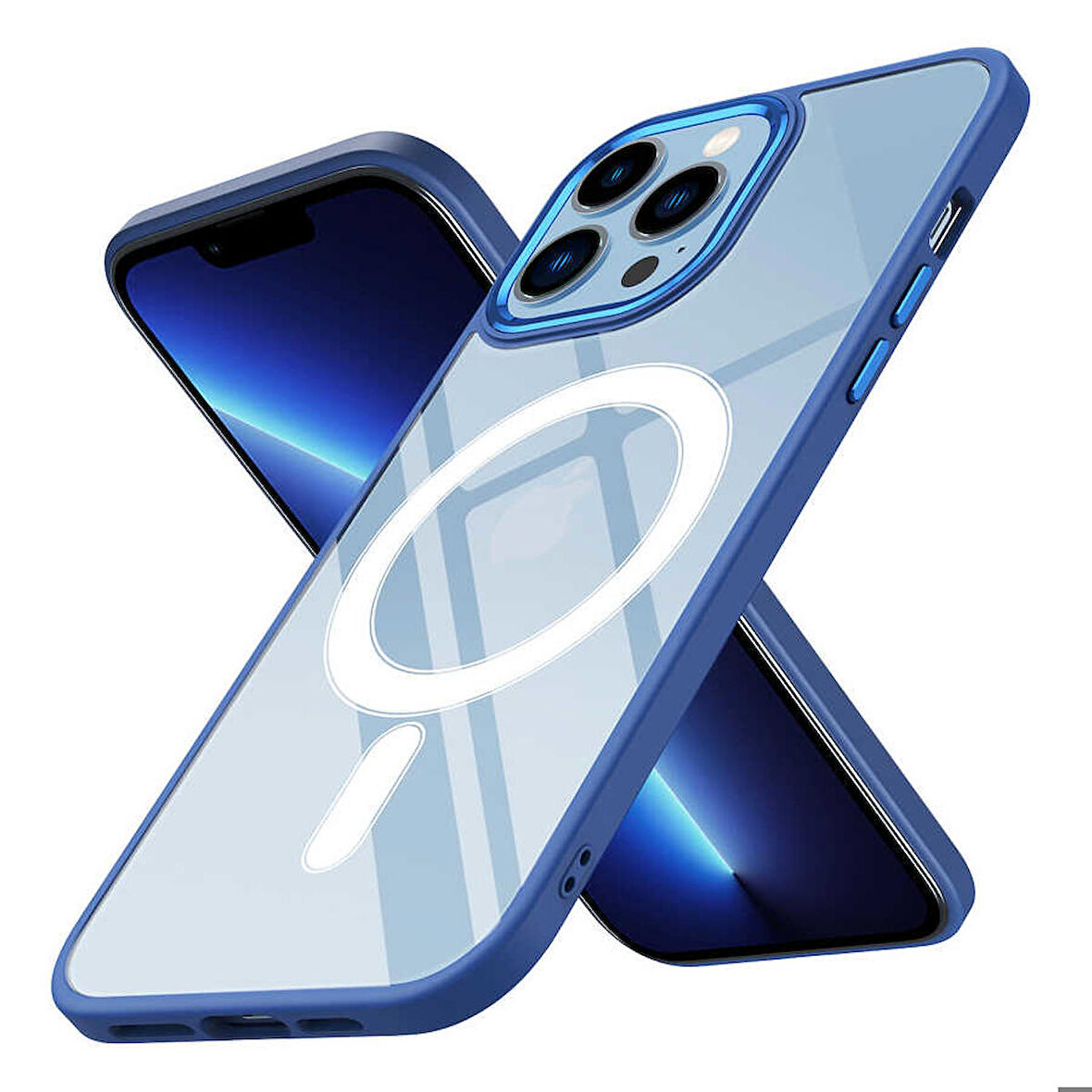 iPhone 13 Pro Uyumlu Wireless Şarj Özellikli Zore Krom Magsafe Silikon Kapak-Lacivert