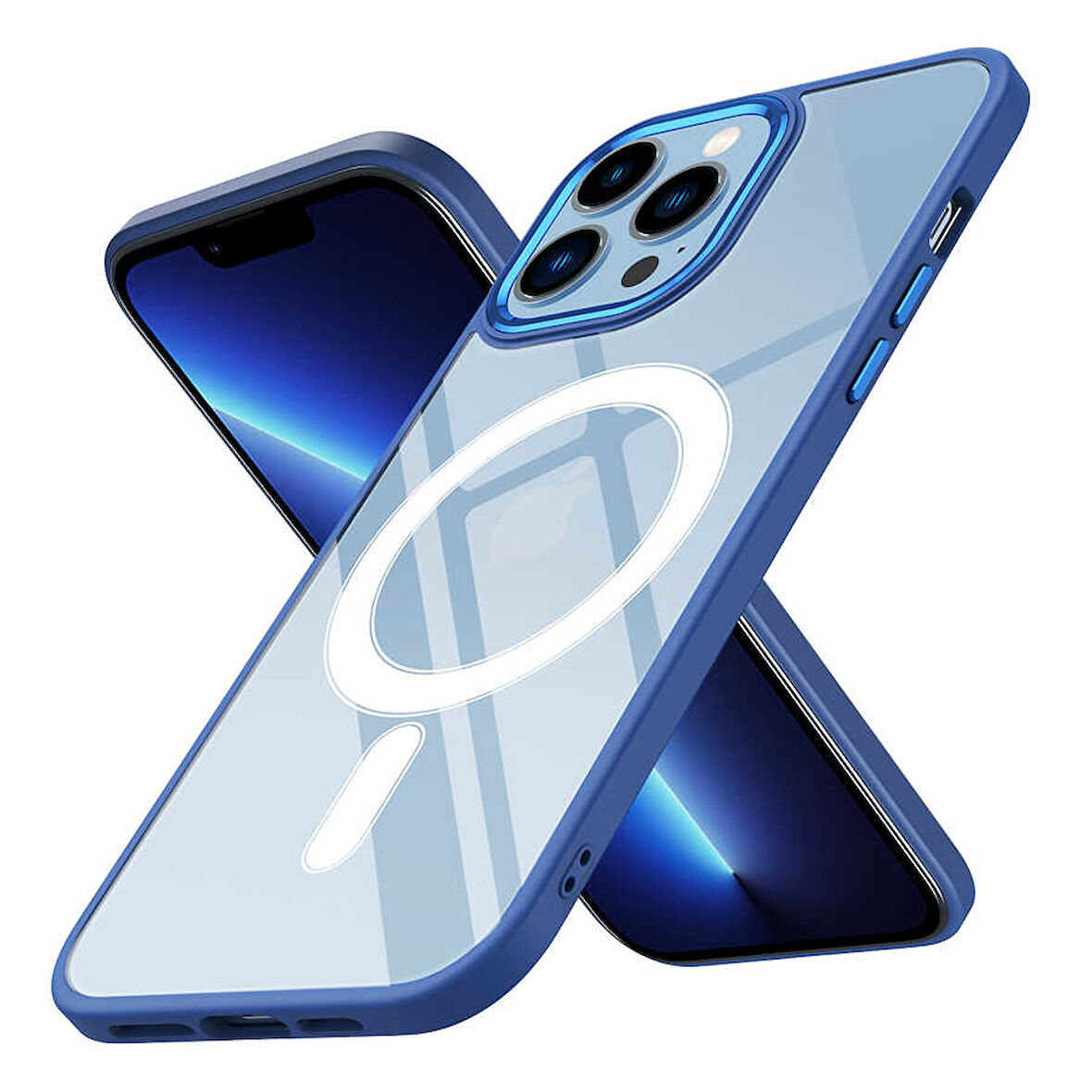 iPhone 13 Pro Max Uyumlu Wireless Şarj Özellikli Zore Krom Magsafe Silikon Kılıf-Lacivert
