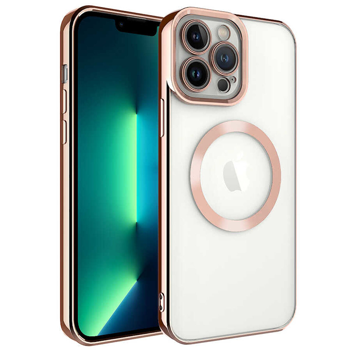 Apple iPhone 13 Pro Kılıf Magsafe Wireless Şarj Özellikli Zore Setro Silikon-Rose Gold